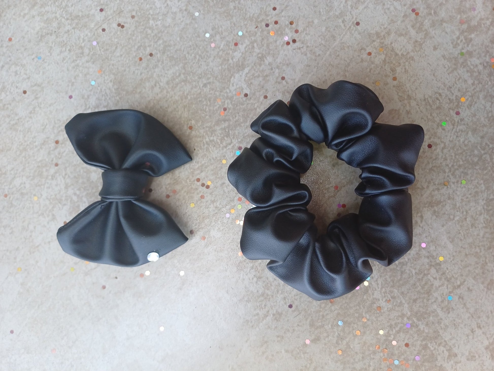 Black Leather Bow Scrunchie Set