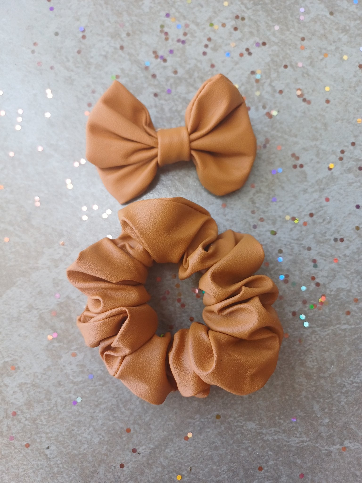 Mustard Leather Bow Scrunchie Set