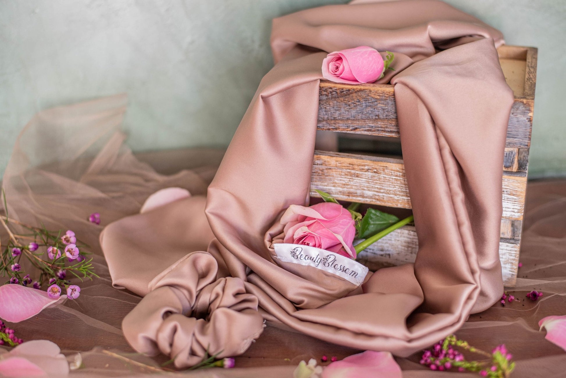 Satin Dusty Pink Scarf and Scrunchie Matching Set - Beauty Blossom