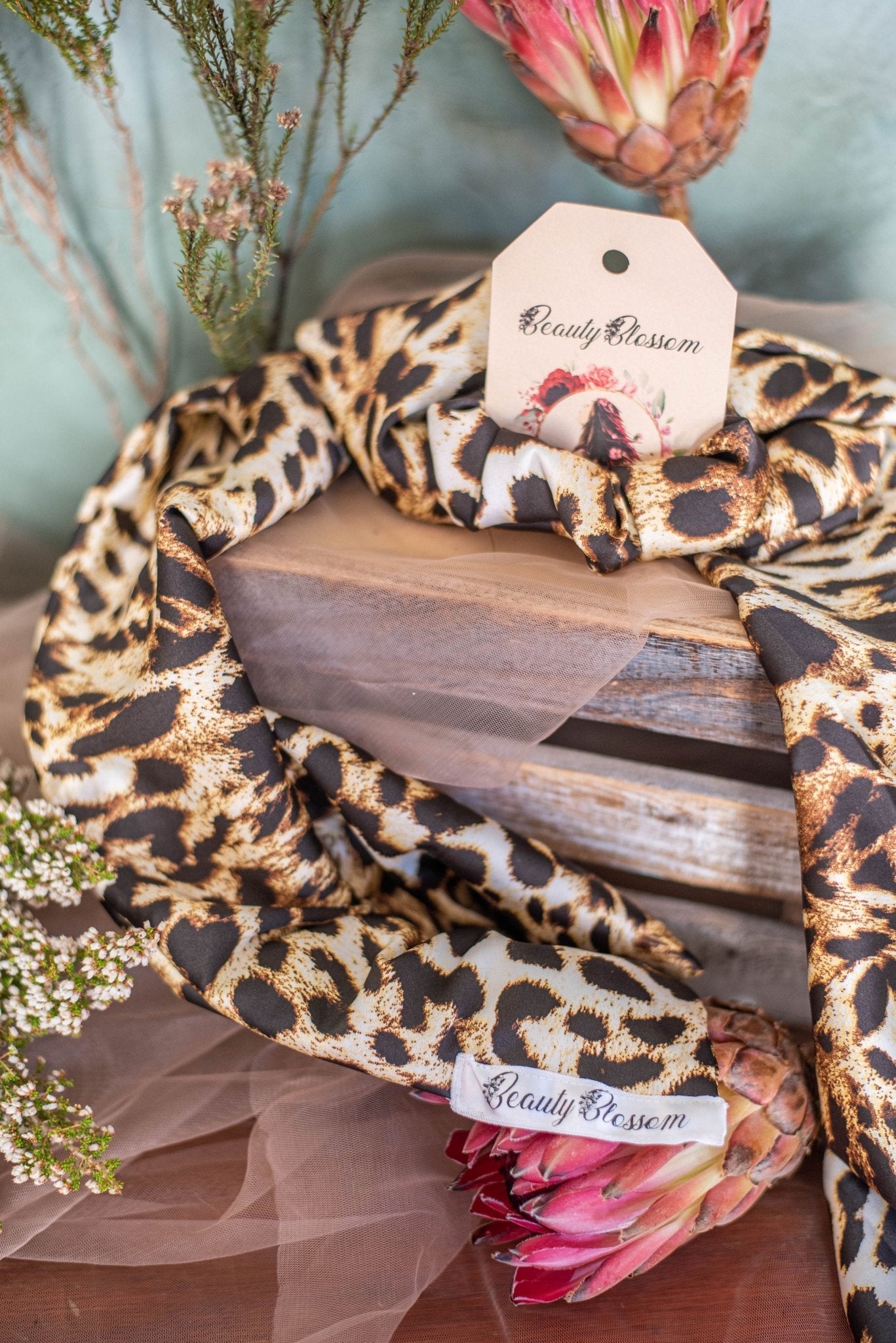 Satin Light Leopard Print Scarf and Scrunchie Matching Set - Beauty Blossom