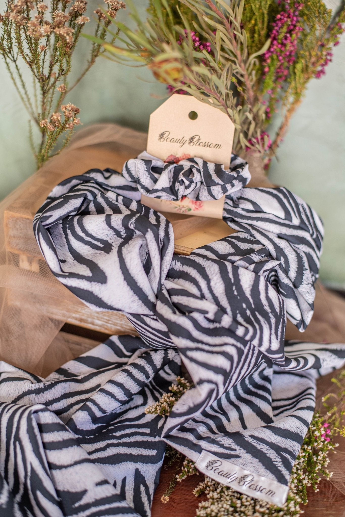 Silk Zebra Scarf and Scrunchie Matching Set - Beauty Blossom